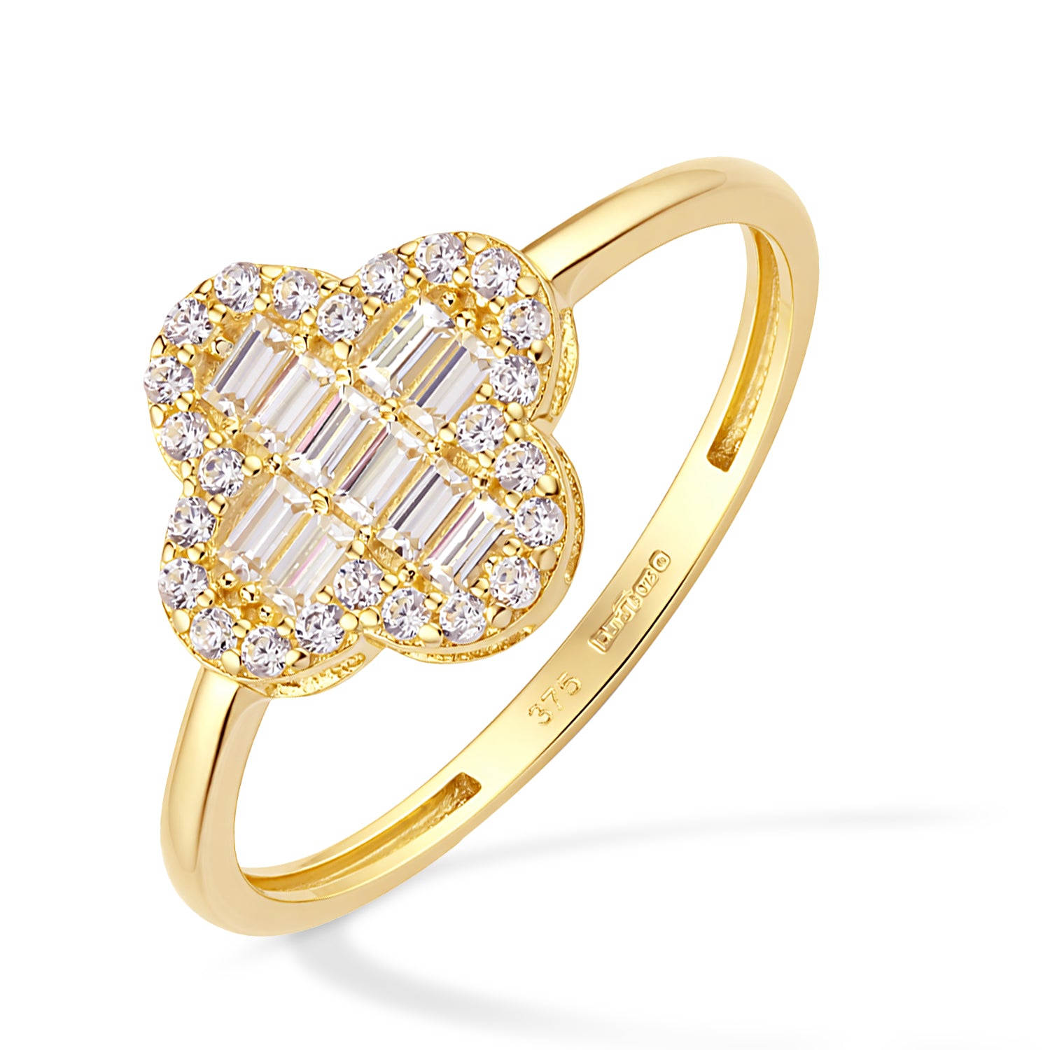 9ct Yellow Gold CZ Baguette Quatrefoil Ring For Women