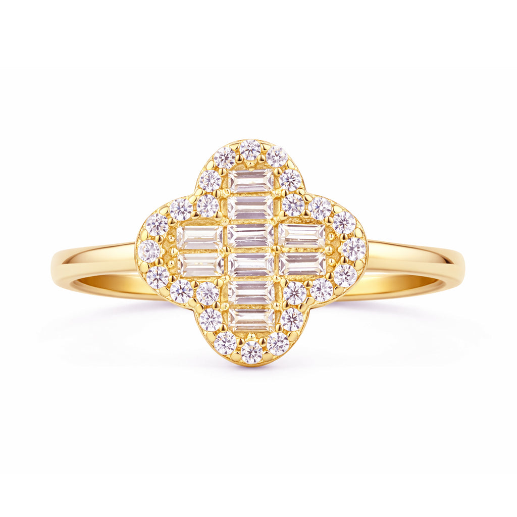 9ct Yellow Gold CZ Baguette Quatrefoil Ring For Women