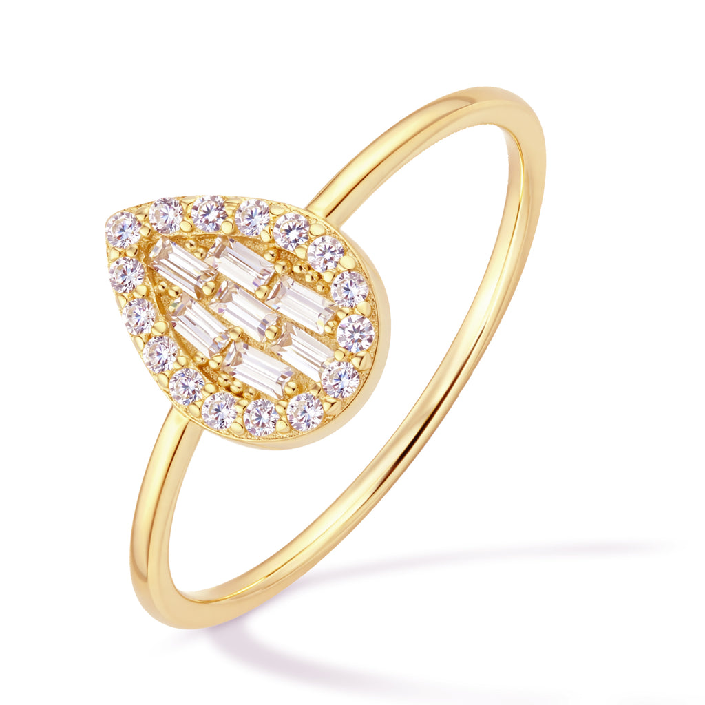 9ct Yellow Gold CZ Baguette Pear Halo Ring
