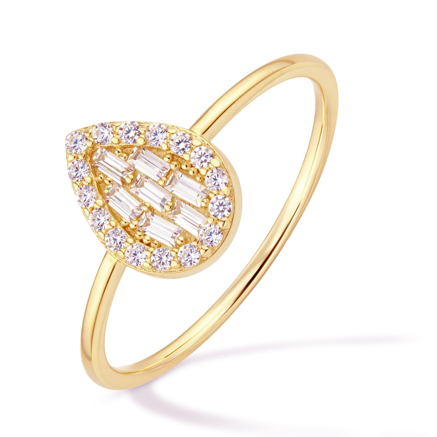9ct Yellow Gold CZ Baguette Pear Halo Ring