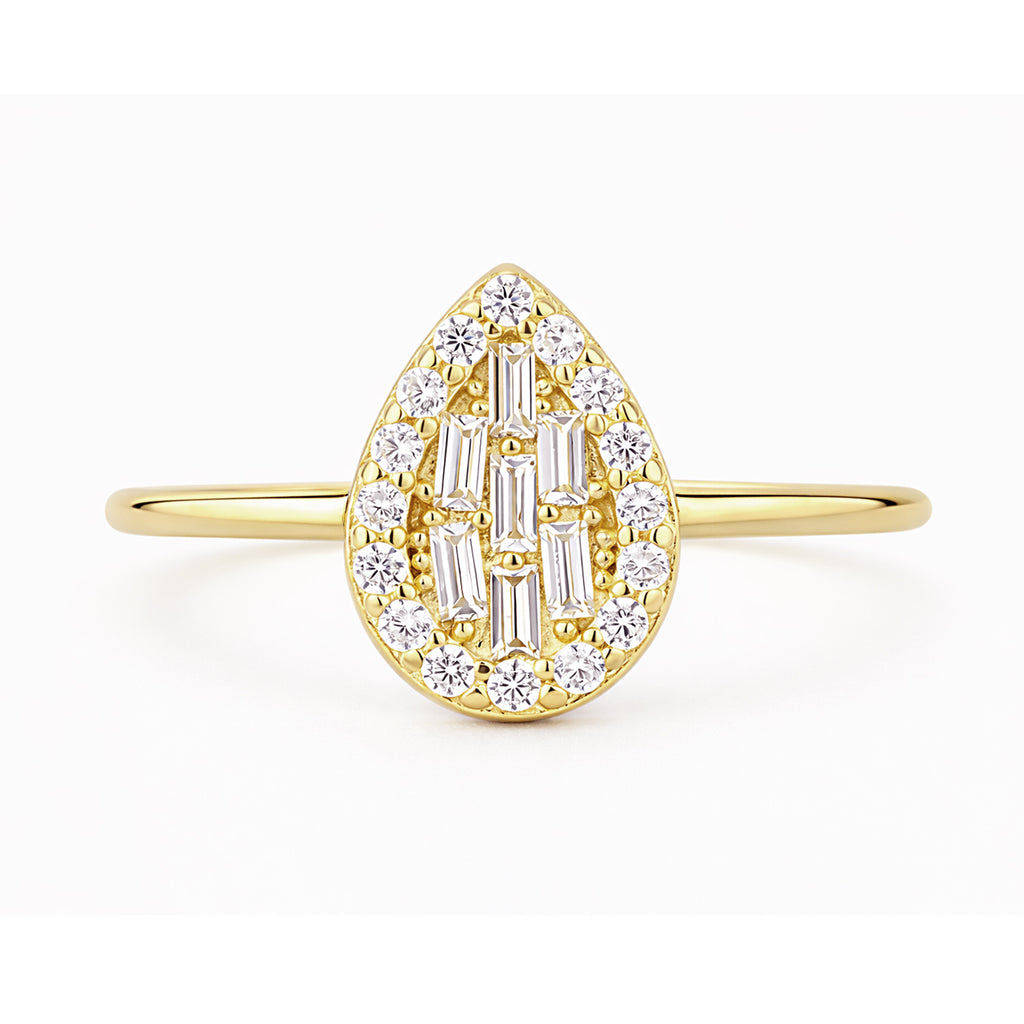 9ct Yellow Gold CZ Baguette Pear Halo Ring