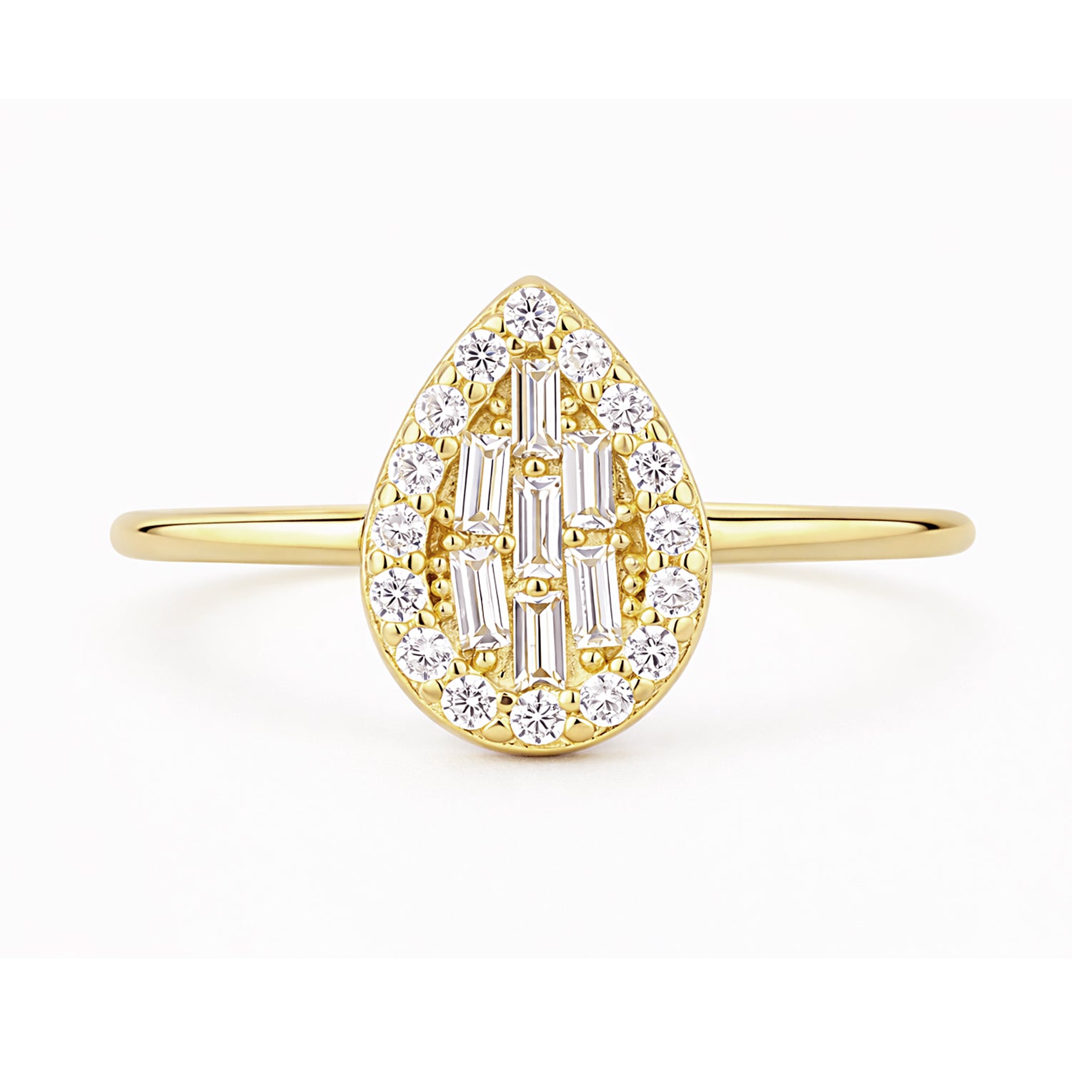 9ct Yellow Gold CZ Baguette Pear Halo Ring