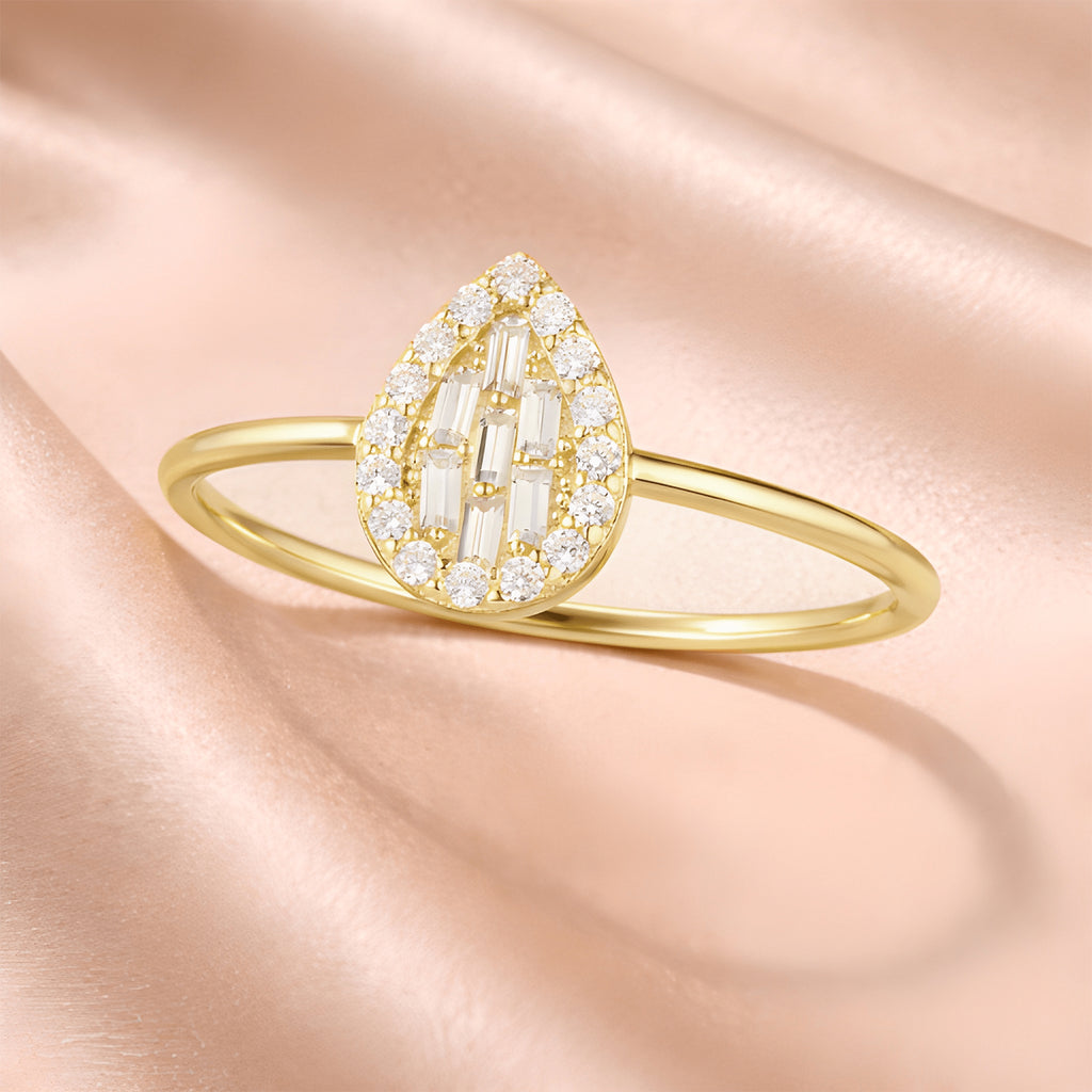 9ct Yellow Gold CZ Baguette Pear Halo Ring