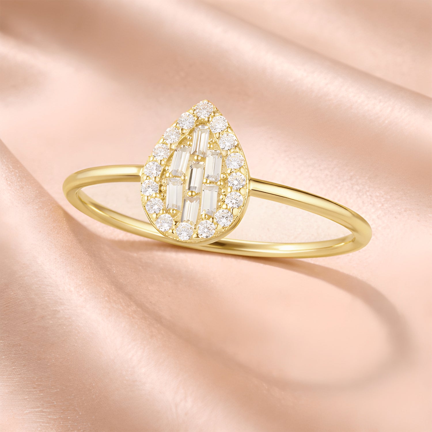9ct Yellow Gold CZ Baguette Pear Halo Ring