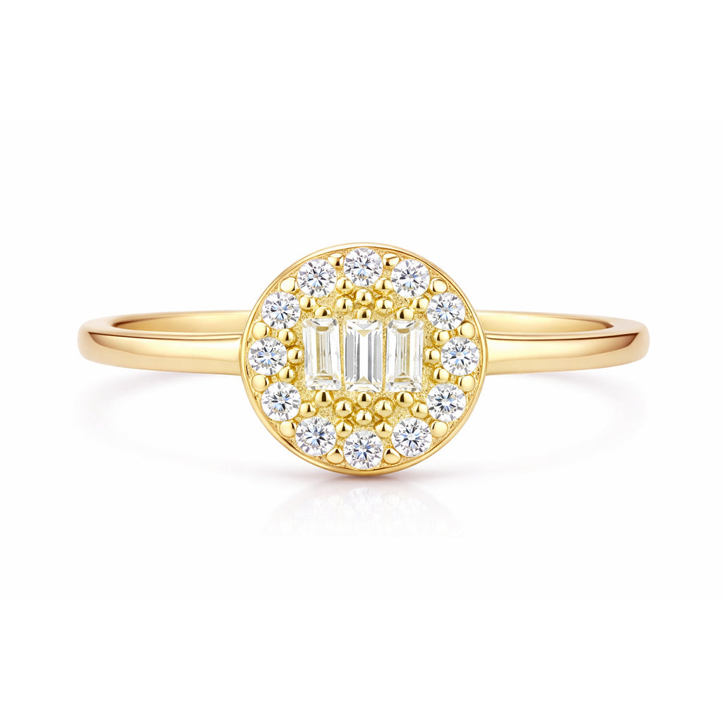 9ct Yellow Gold Cubic Zirconia Baguette Round Halo Ring