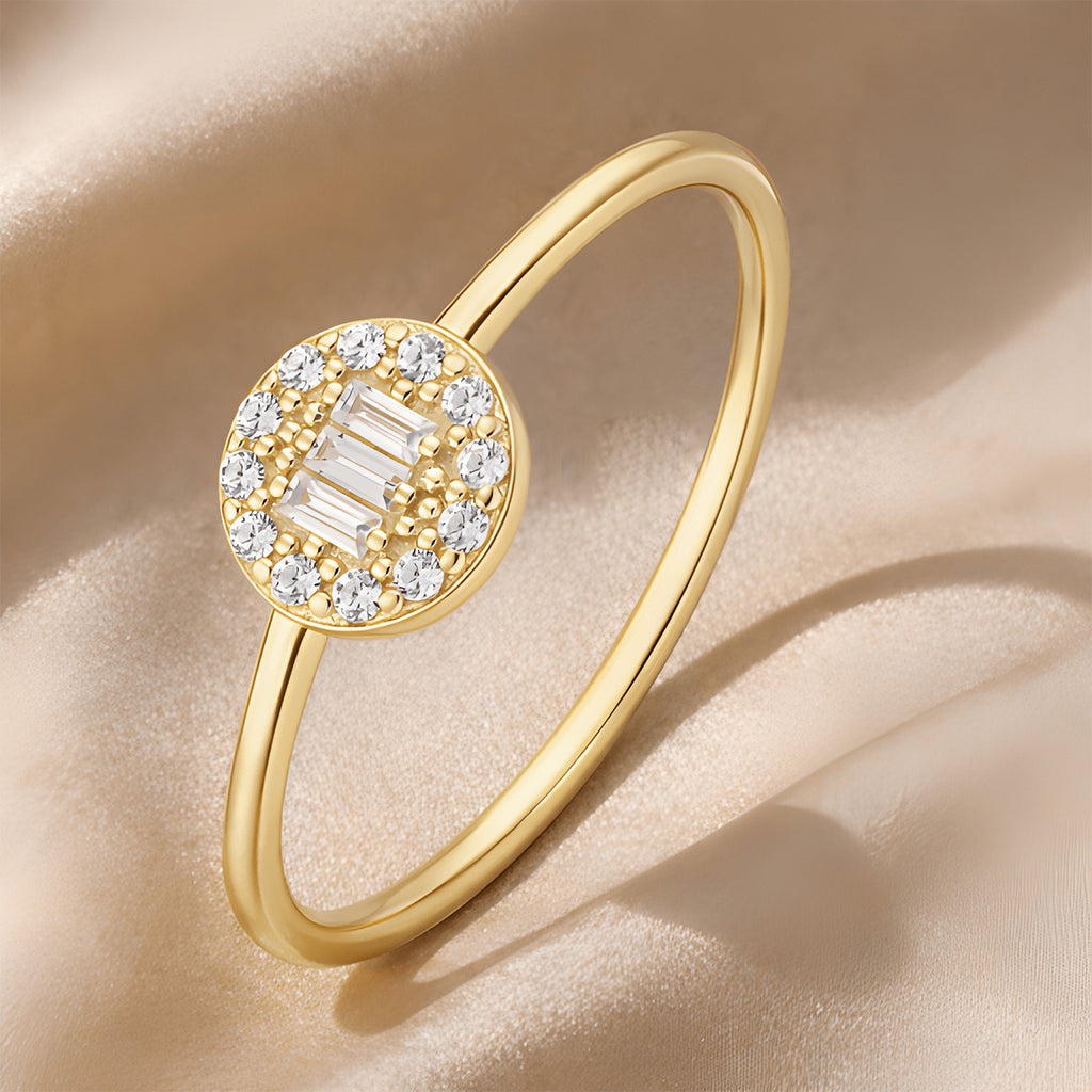 9ct Yellow Gold Cubic Zirconia Baguette Round Halo Ring