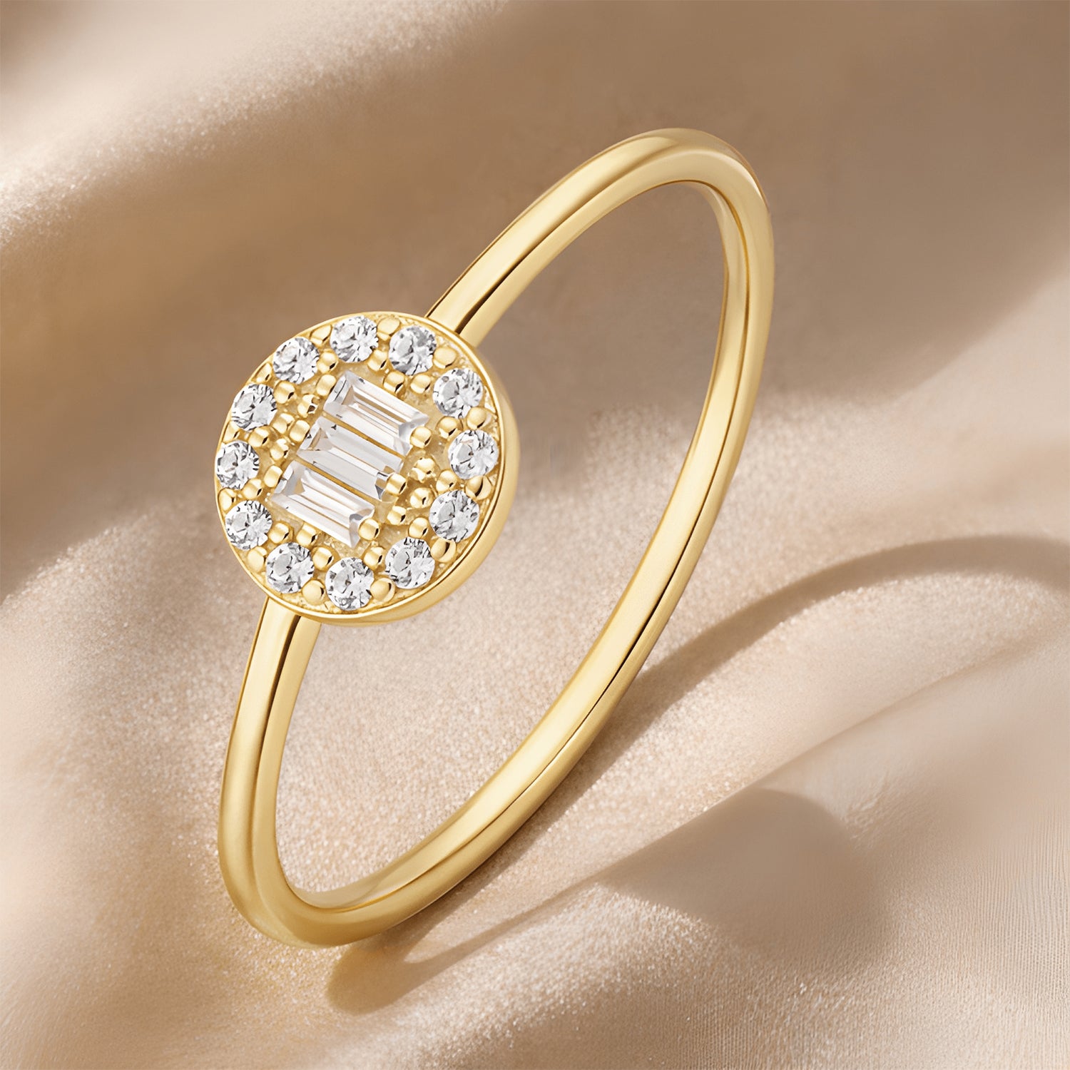 9ct Yellow Gold Cubic Zirconia Baguette Round Halo Ring