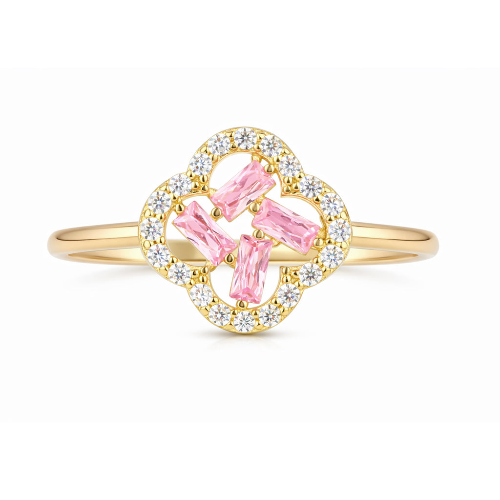 9ct Yellow Gold Pink Cubic Zirconia Baguette Quatrefoil Ring
