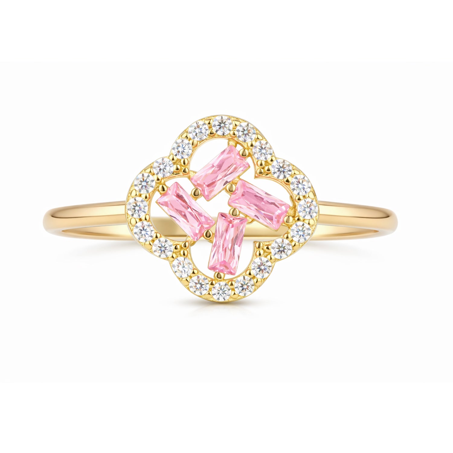 9ct Yellow Gold Pink Cubic Zirconia Baguette Quatrefoil Ring