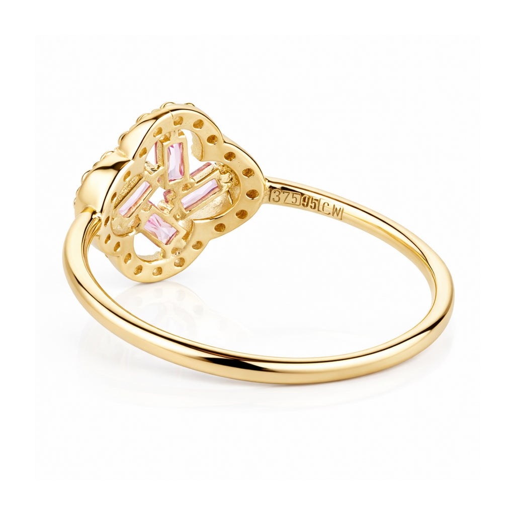 9ct Yellow Gold Pink Cubic Zirconia Baguette Quatrefoil Ring