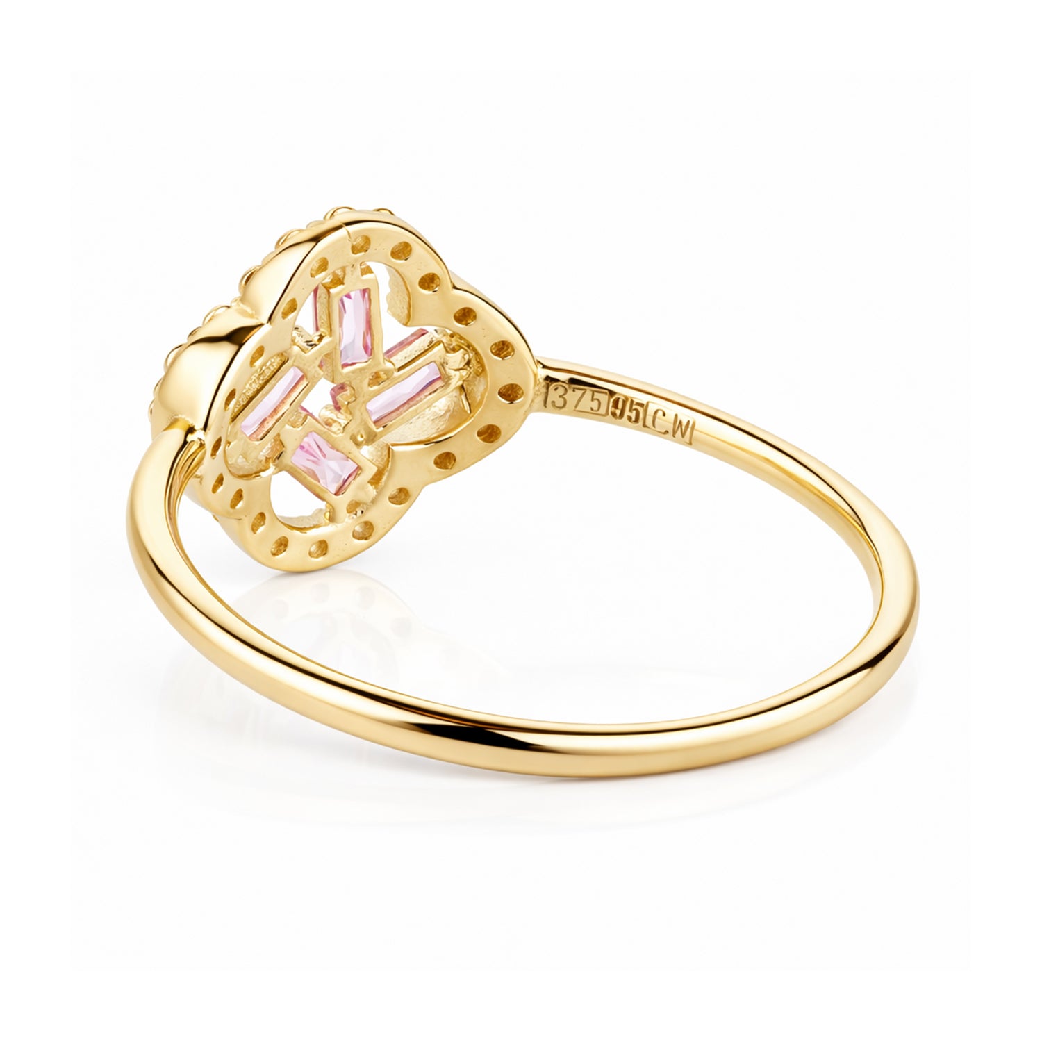 9ct Yellow Gold Pink Cubic Zirconia Baguette Quatrefoil Ring