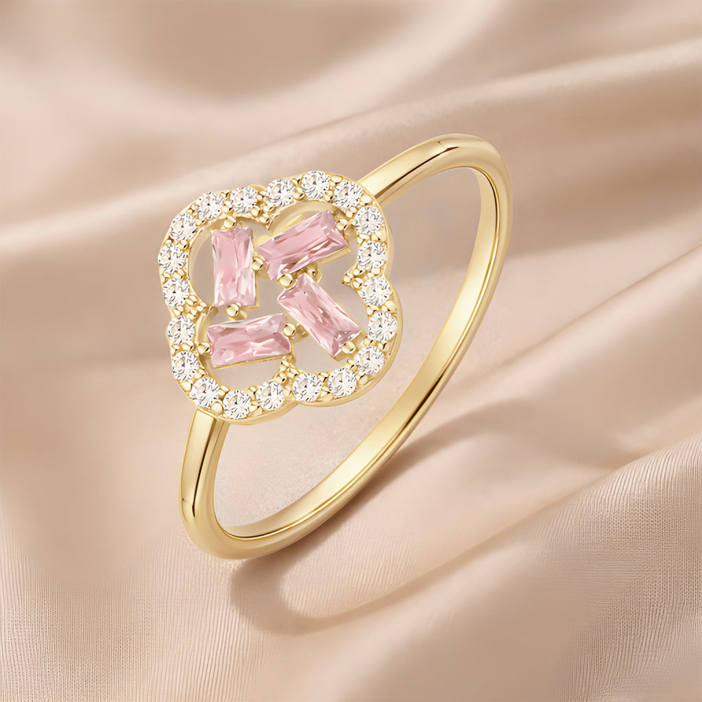 9ct Yellow Gold Pink Cubic Zirconia Baguette Quatrefoil Ring