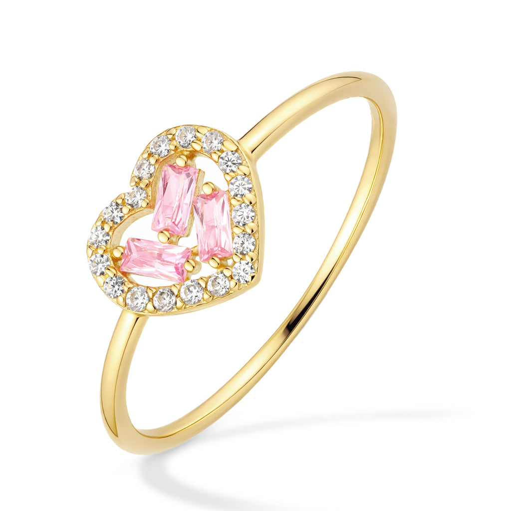 9ct Yellow Gold Pink Cubic Zirconia Baguette Heart Ring For Women