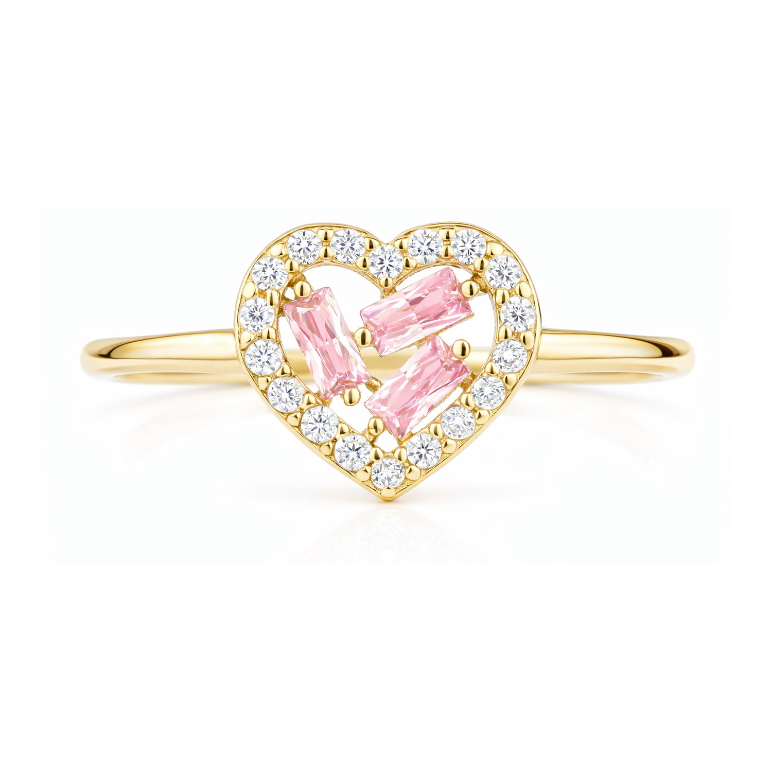 9ct Yellow Gold Pink Cubic Zirconia Baguette Heart Ring For Women