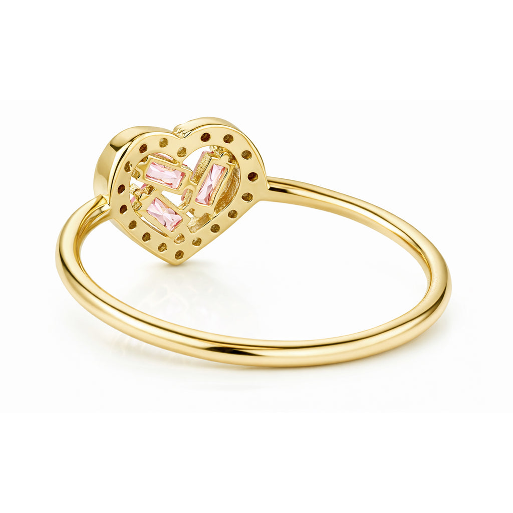 9ct Yellow Gold Pink Cubic Zirconia Baguette Heart Ring For Women