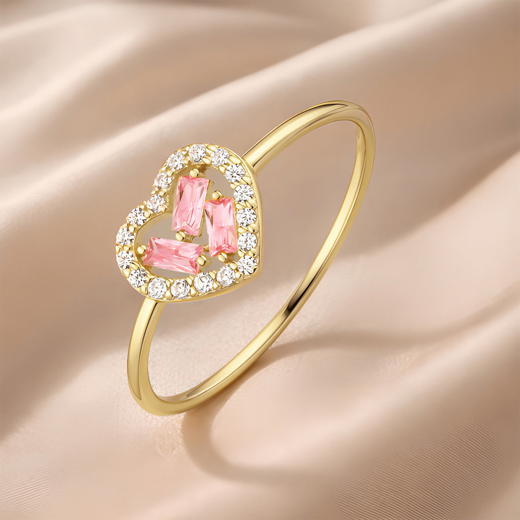 9ct Yellow Gold Pink Cubic Zirconia Baguette Heart Ring For Women
