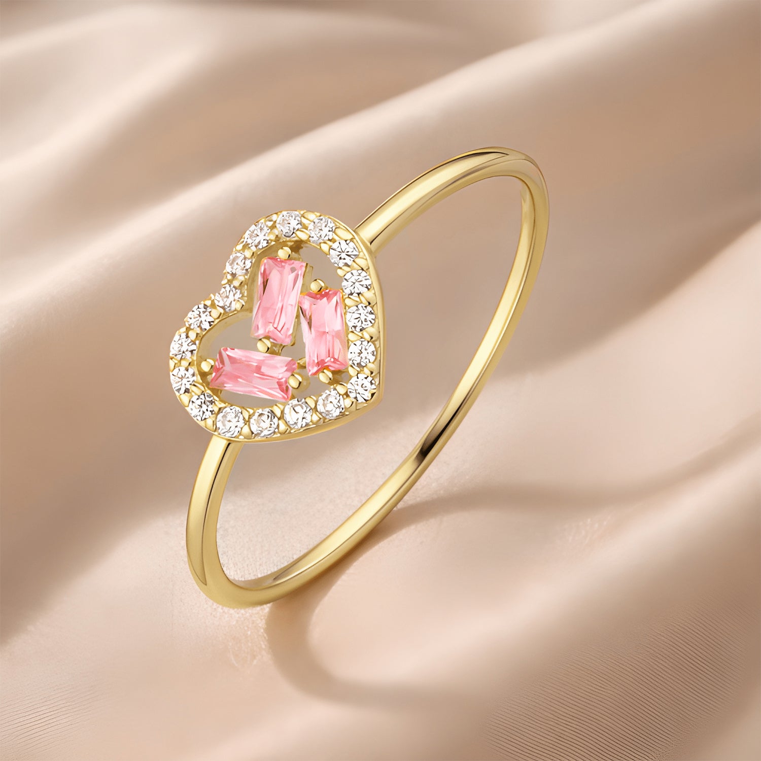 9ct Yellow Gold Pink Cubic Zirconia Baguette Heart Ring For Women