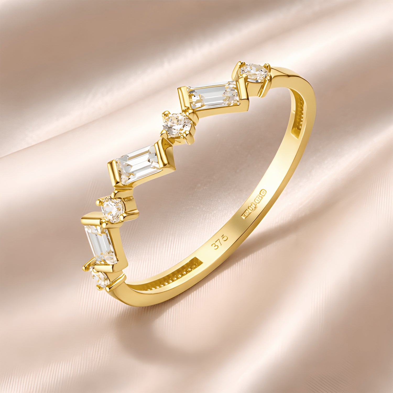 9ct Yellow Gold Cubic Zirconia Baguette Geometric Eternity Ring For Her