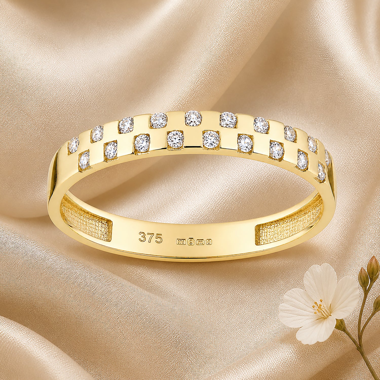 9ct Yellow Gold Band Ring with Scattered Cubic Zirconia Stones
