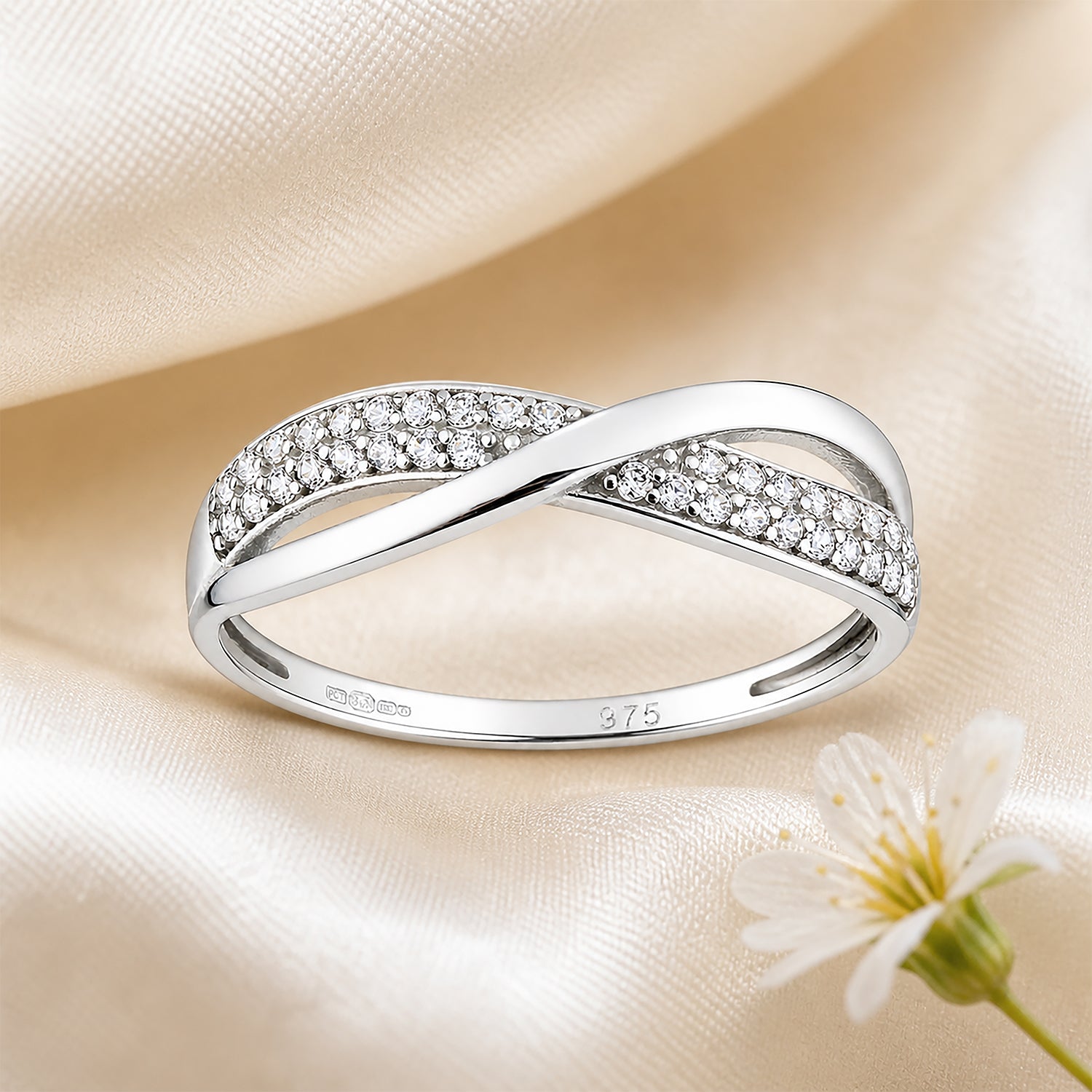 9ct White Gold Cubic Zirconia Crossover Ring