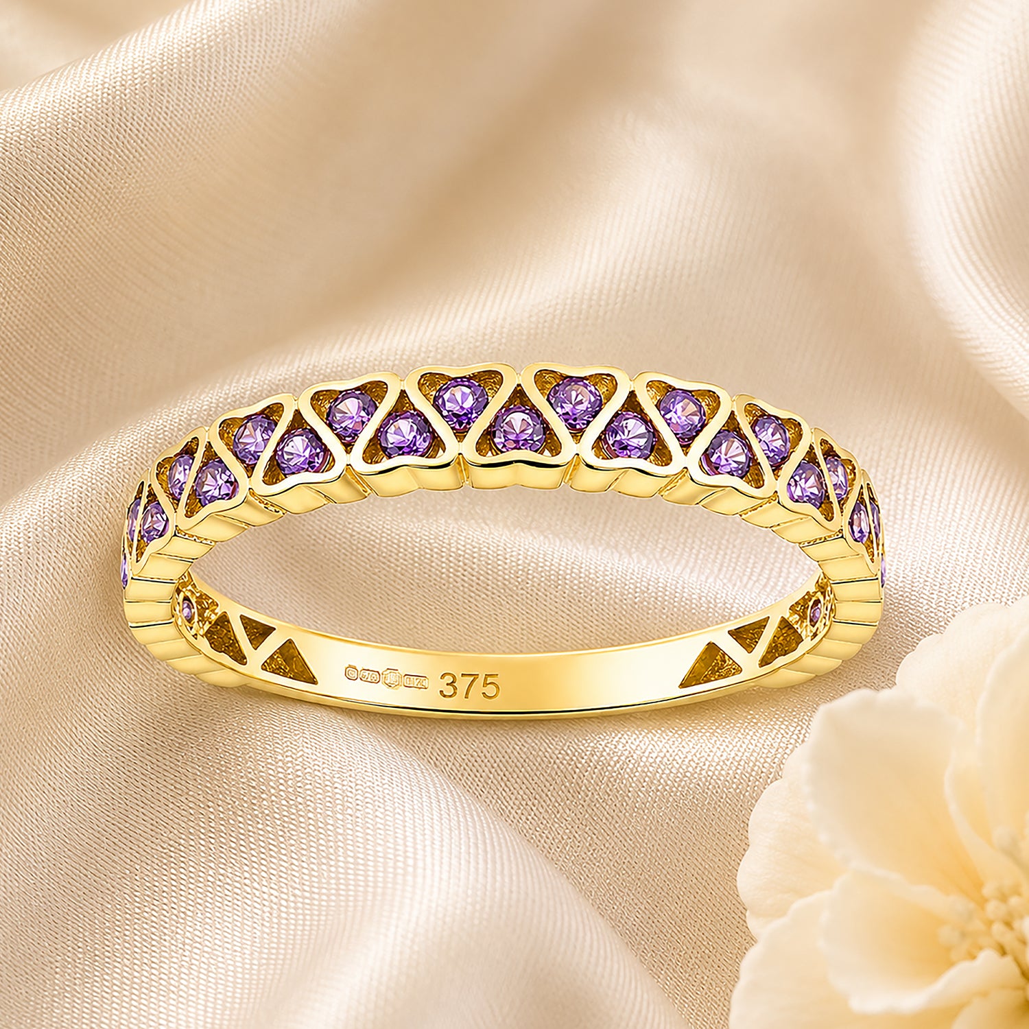 9ct Yellow Gold CZ Amethyst Lattice Band Eternity Ring