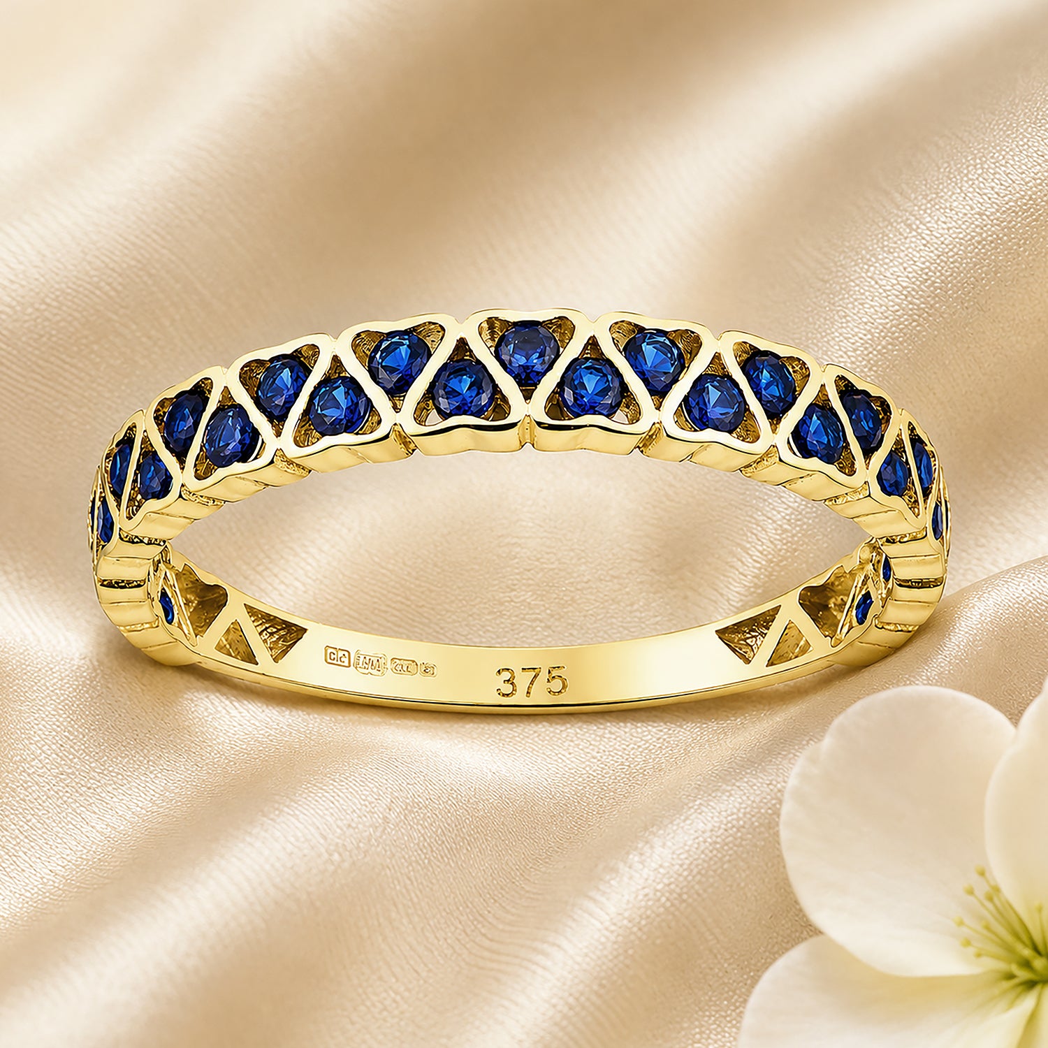 9ct Yellow Gold CZ Sapphire Lattice Band Eternity Ring