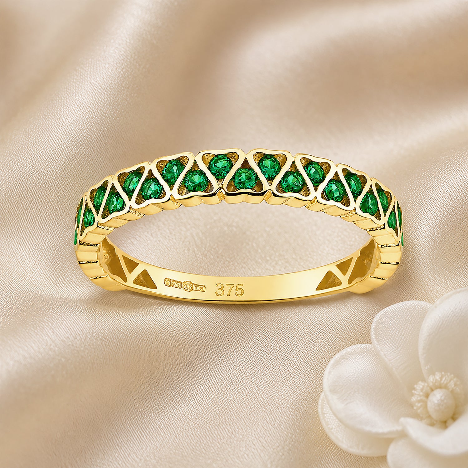 9ct Yellow Gold CZ Emerald Lattice Band Eternity Ring