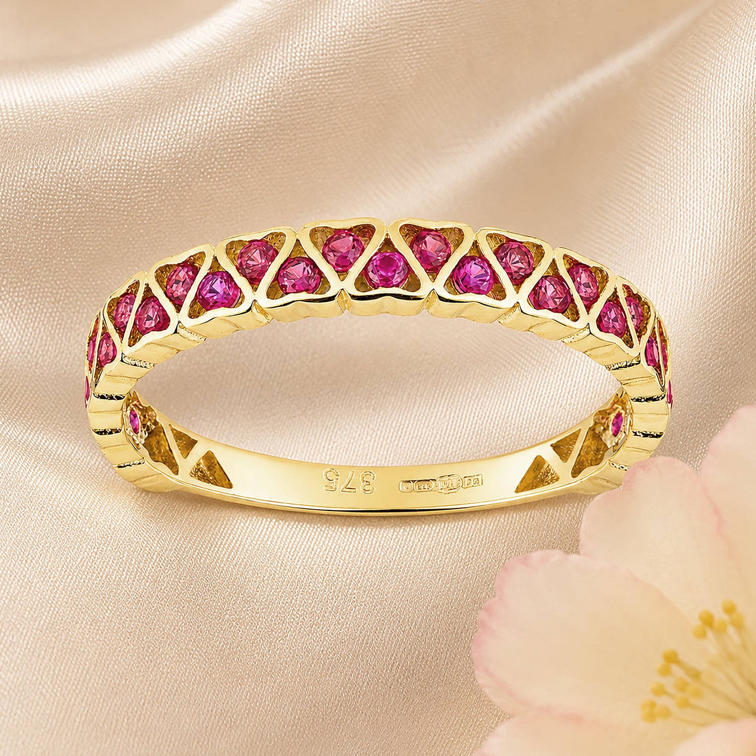 9ct Yellow Gold CZ Ruby Lattice Band Eternity Ring
