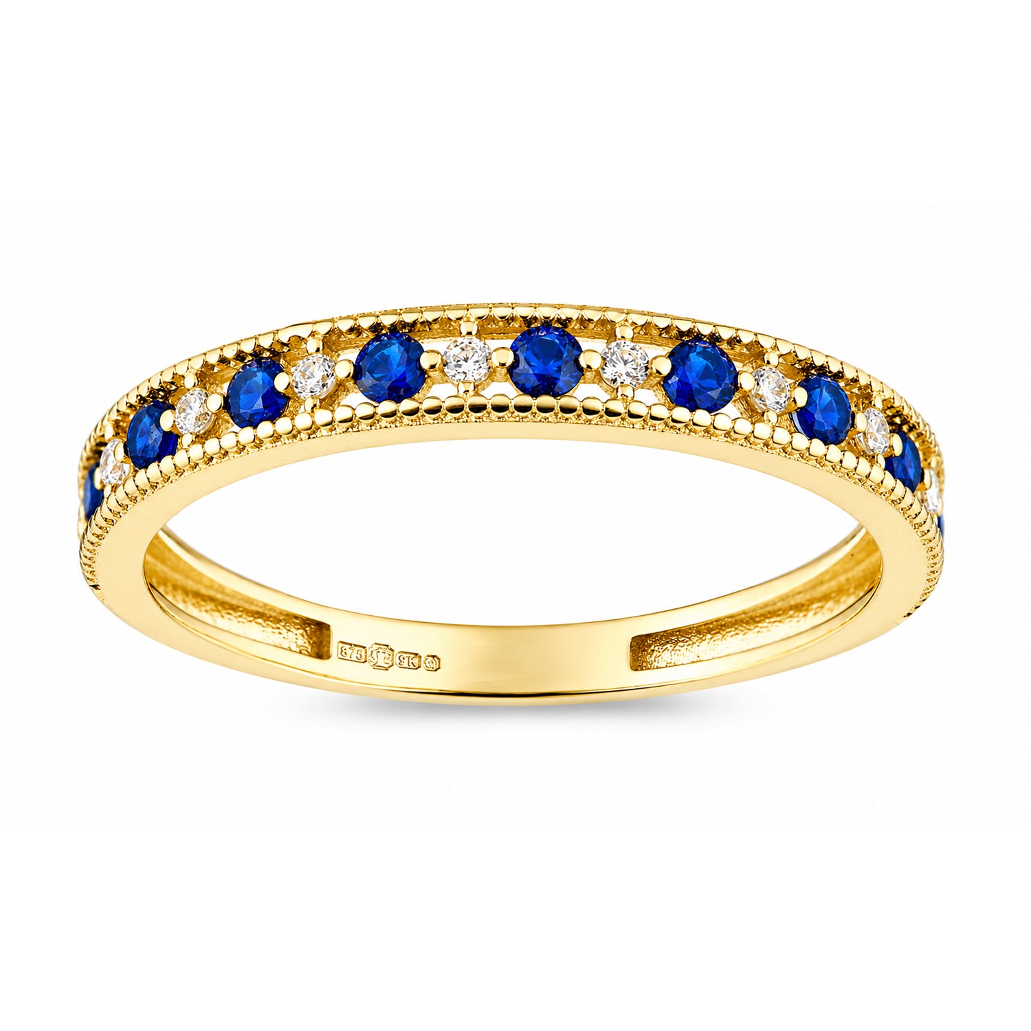 9ct Yellow Gold CZ Sapphire Eternity Ring with Heart Edge