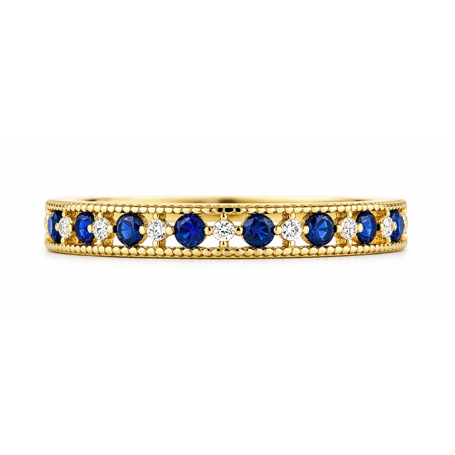 9ct Yellow Gold CZ Sapphire Eternity Ring with Heart Edge