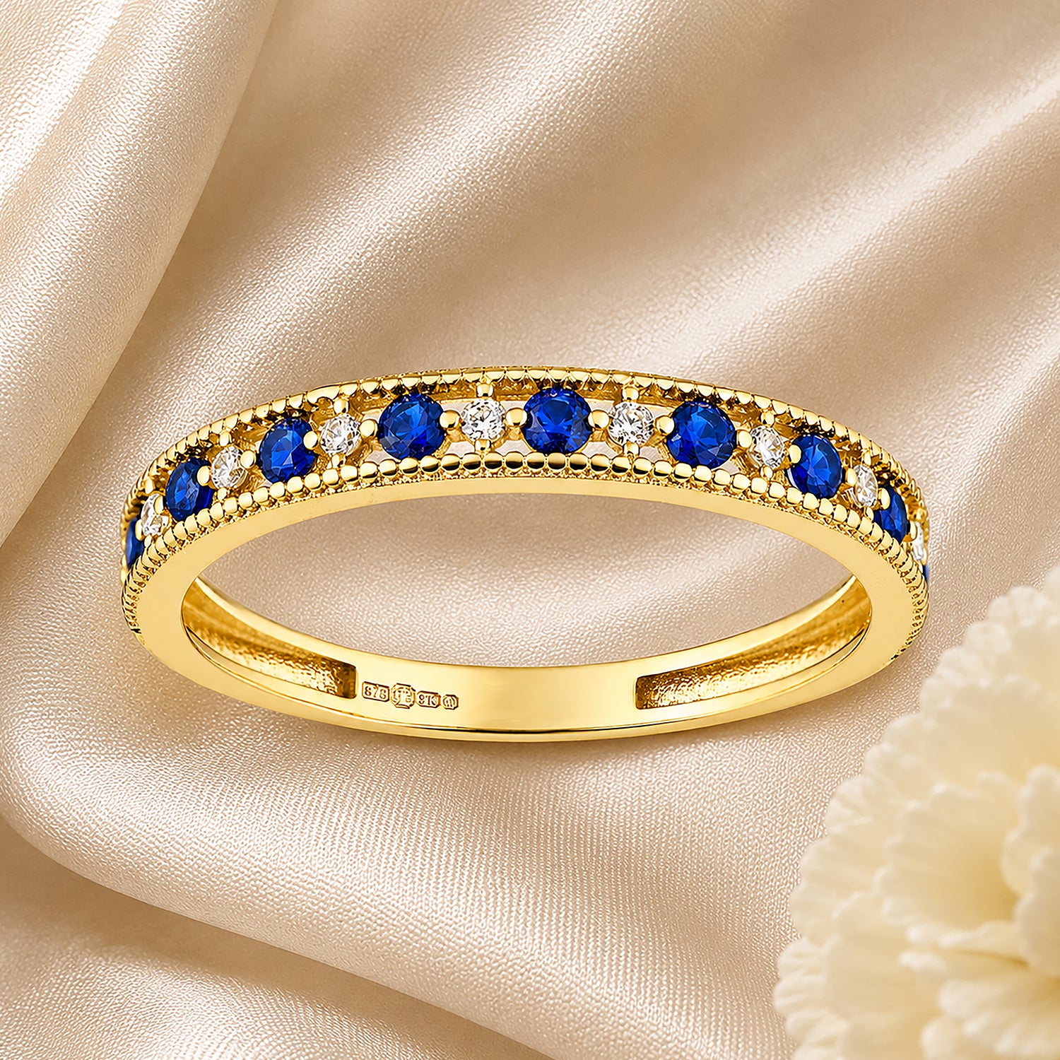 9ct Yellow Gold CZ Sapphire Eternity Ring with Heart Edge