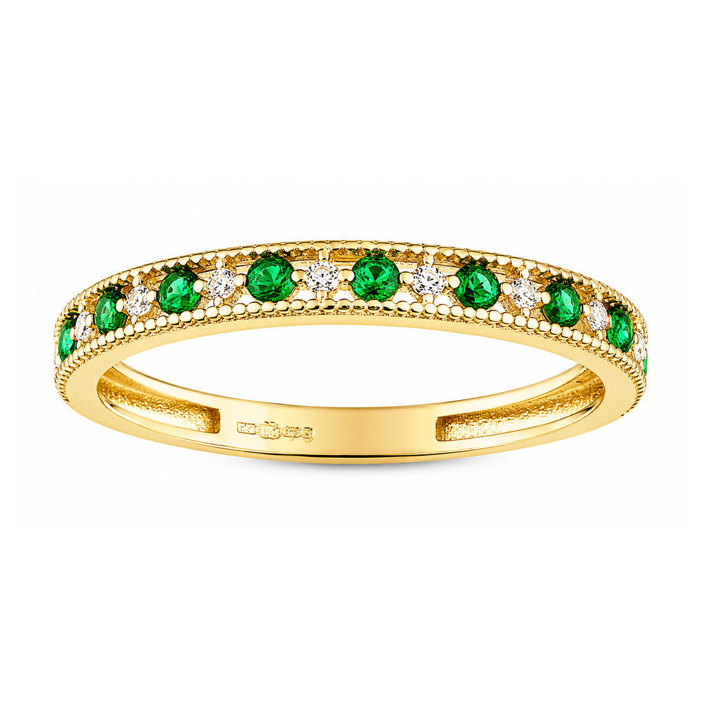 9ct Yellow Gold CZ Emerald Eternity Ring with Heart Edge