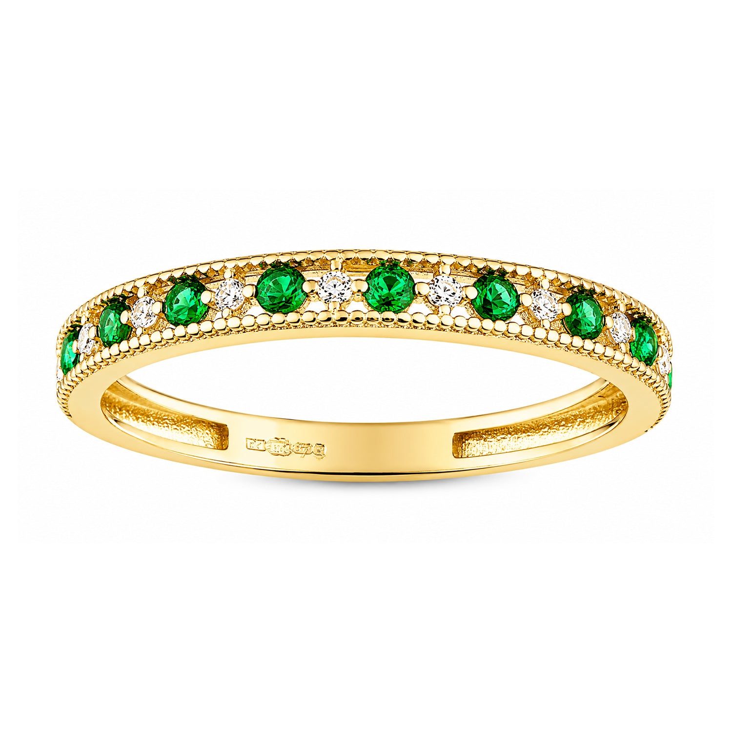 9ct Yellow Gold CZ Emerald Eternity Ring with Heart Edge