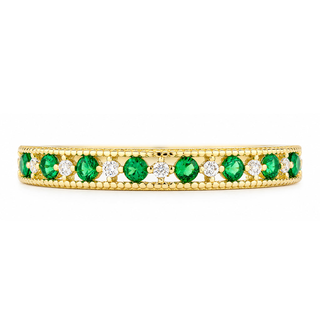 9ct Yellow Gold CZ Emerald Eternity Ring with Heart Edge