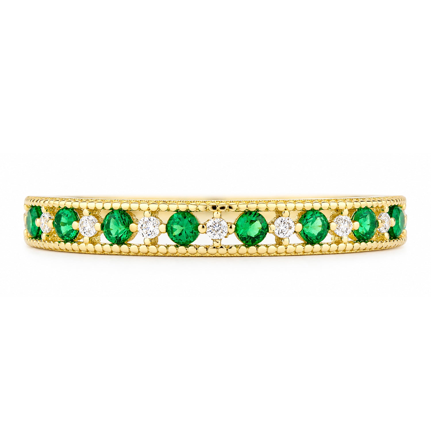 9ct Yellow Gold CZ Emerald Eternity Ring with Heart Edge