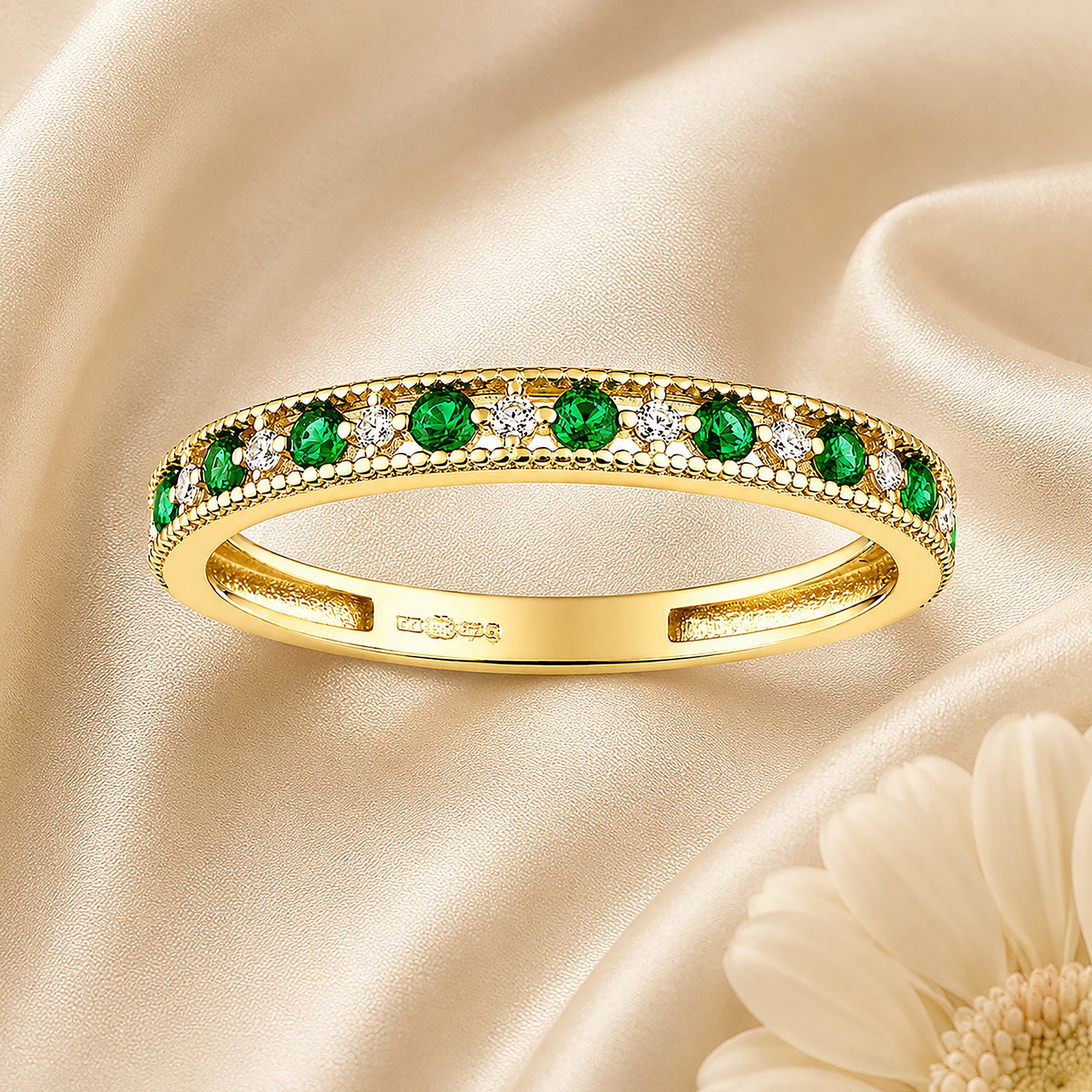 9ct Yellow Gold CZ Emerald Eternity Ring with Heart Edge