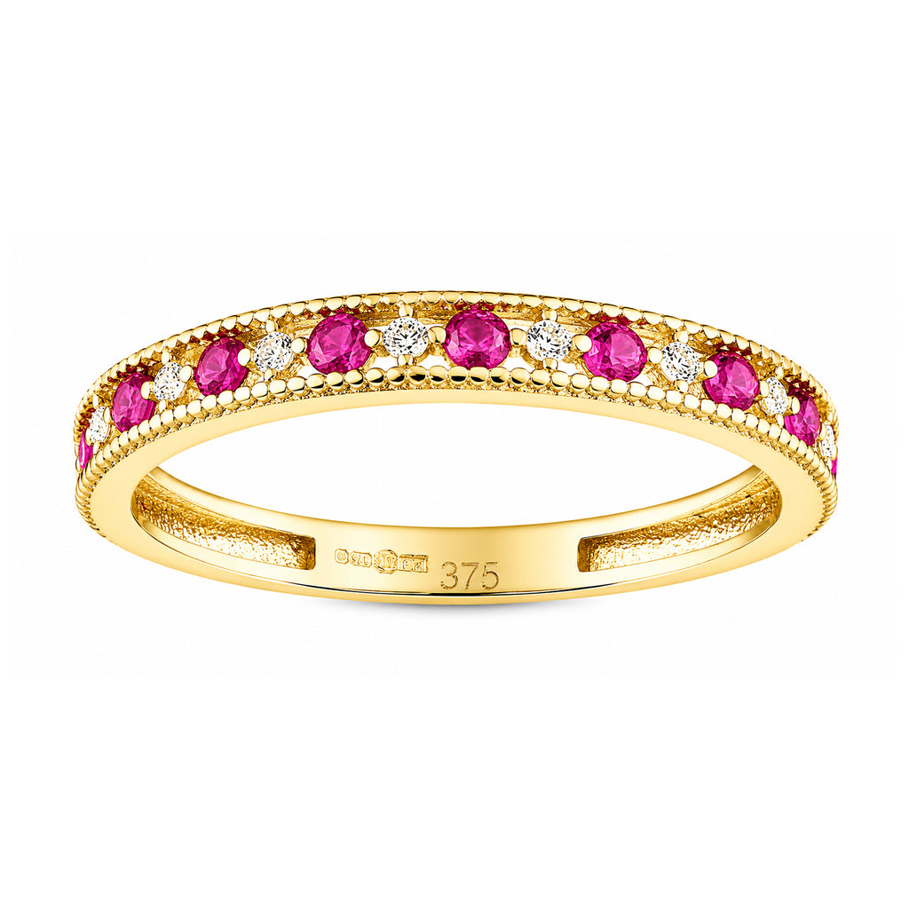 9ct Yellow Gold CZ Ruby Eternity Ring with Heart Edge