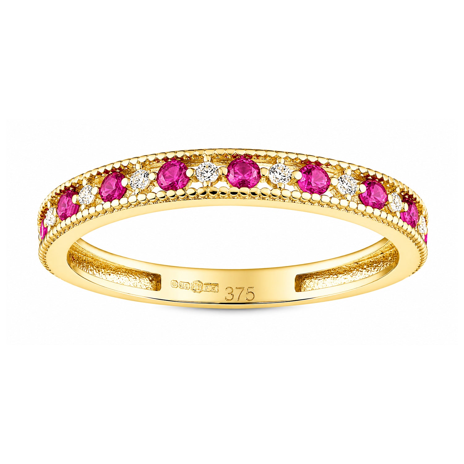 9ct Yellow Gold CZ Ruby Eternity Ring with Heart Edge