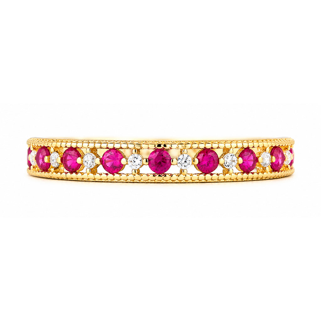 9ct Yellow Gold CZ Ruby Eternity Ring with Heart Edge