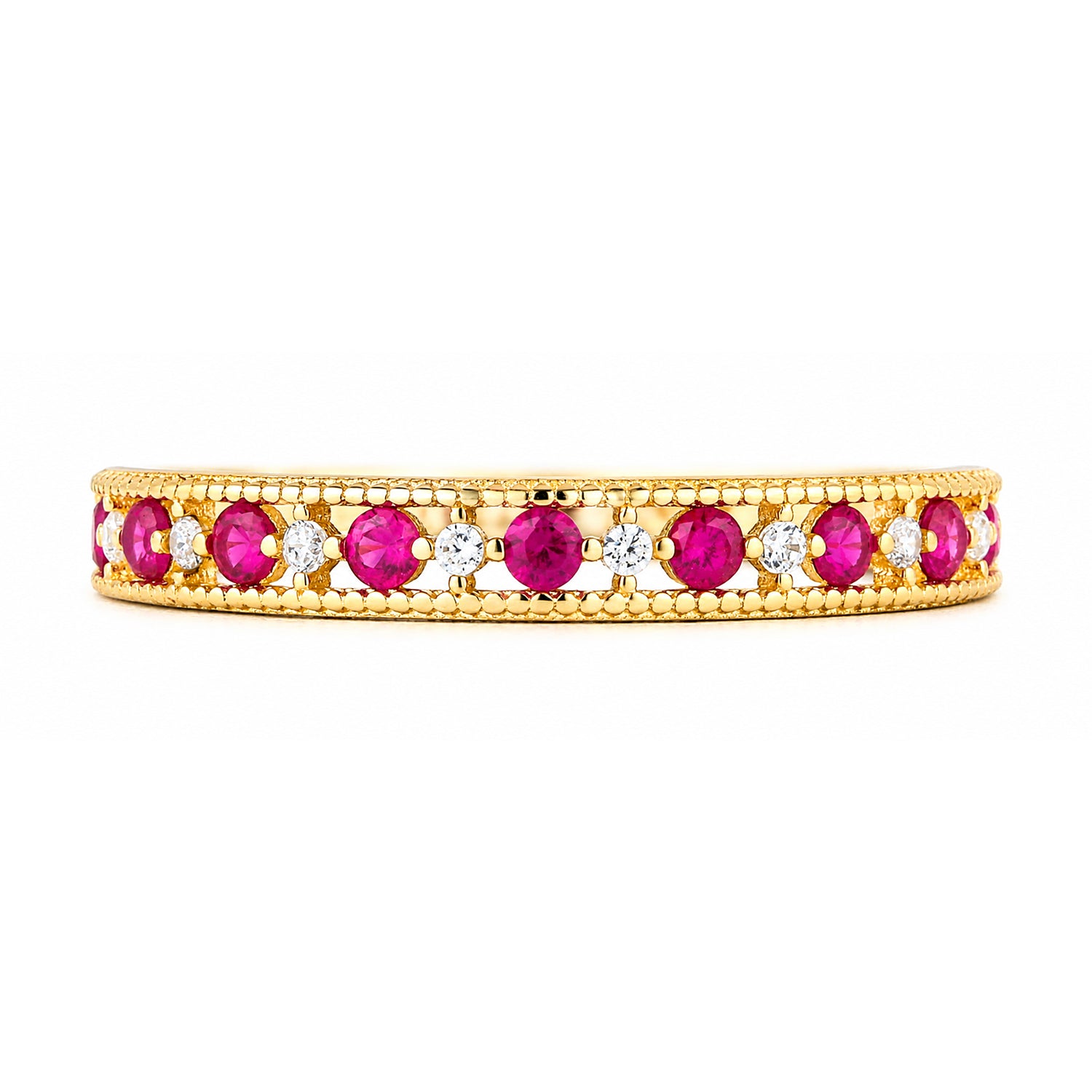 9ct Yellow Gold CZ Ruby Eternity Ring with Heart Edge
