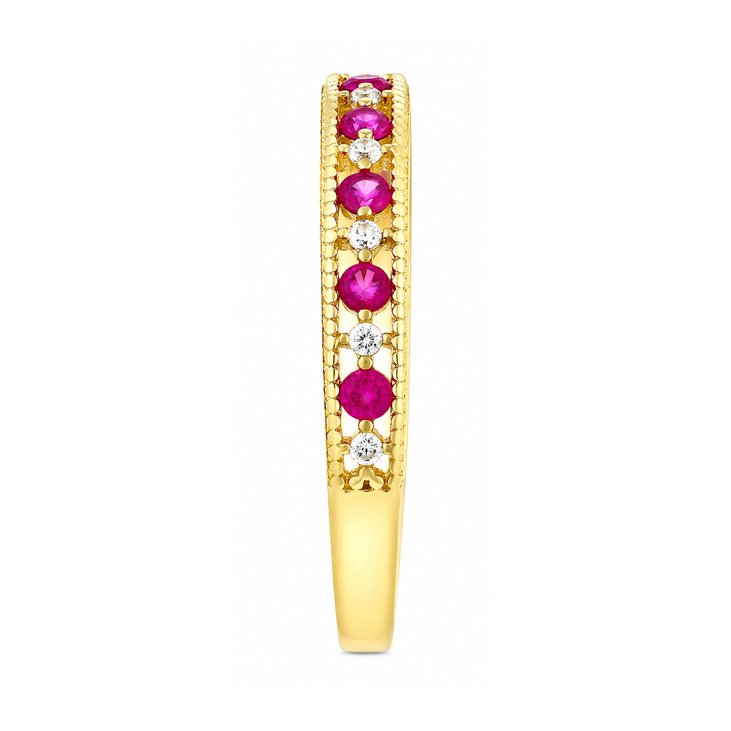9ct Yellow Gold CZ Ruby Eternity Ring with Heart Edge
