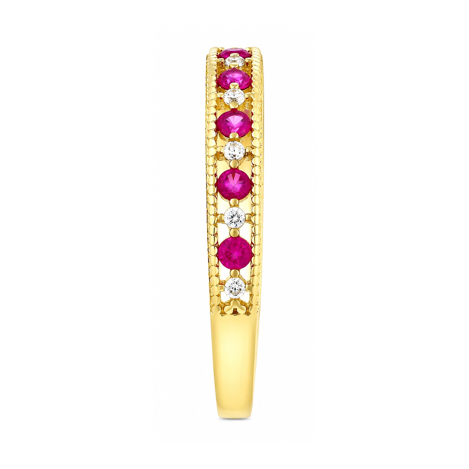 9ct Yellow Gold CZ Ruby Eternity Ring with Heart Edge