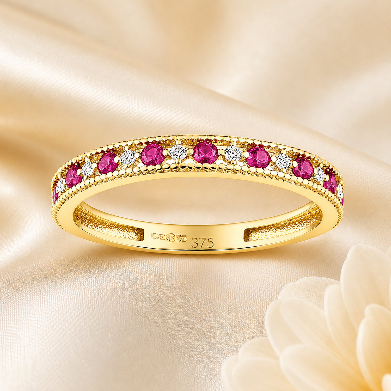 9ct Yellow Gold CZ Ruby Eternity Ring with Heart Edge