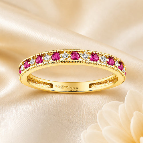 9ct Yellow Gold CZ Ruby Eternity Ring with Heart Edge
