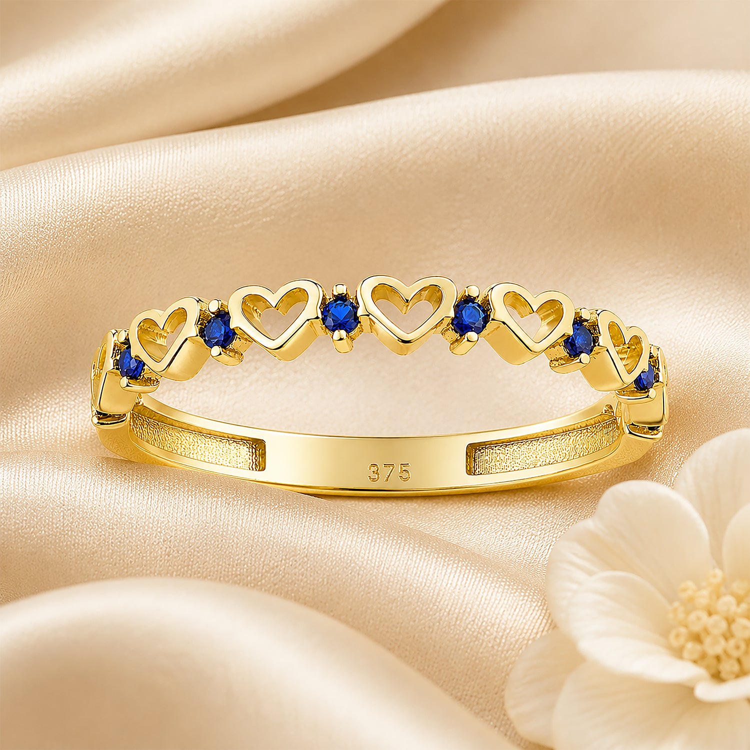 9ct Yellow Gold CZ Sapphire Heart Eternity Ring