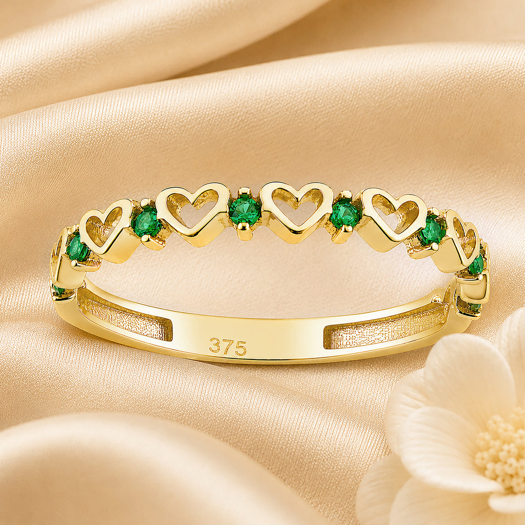 9ct Yellow Gold CZ Emerald Heart Eternity Ring