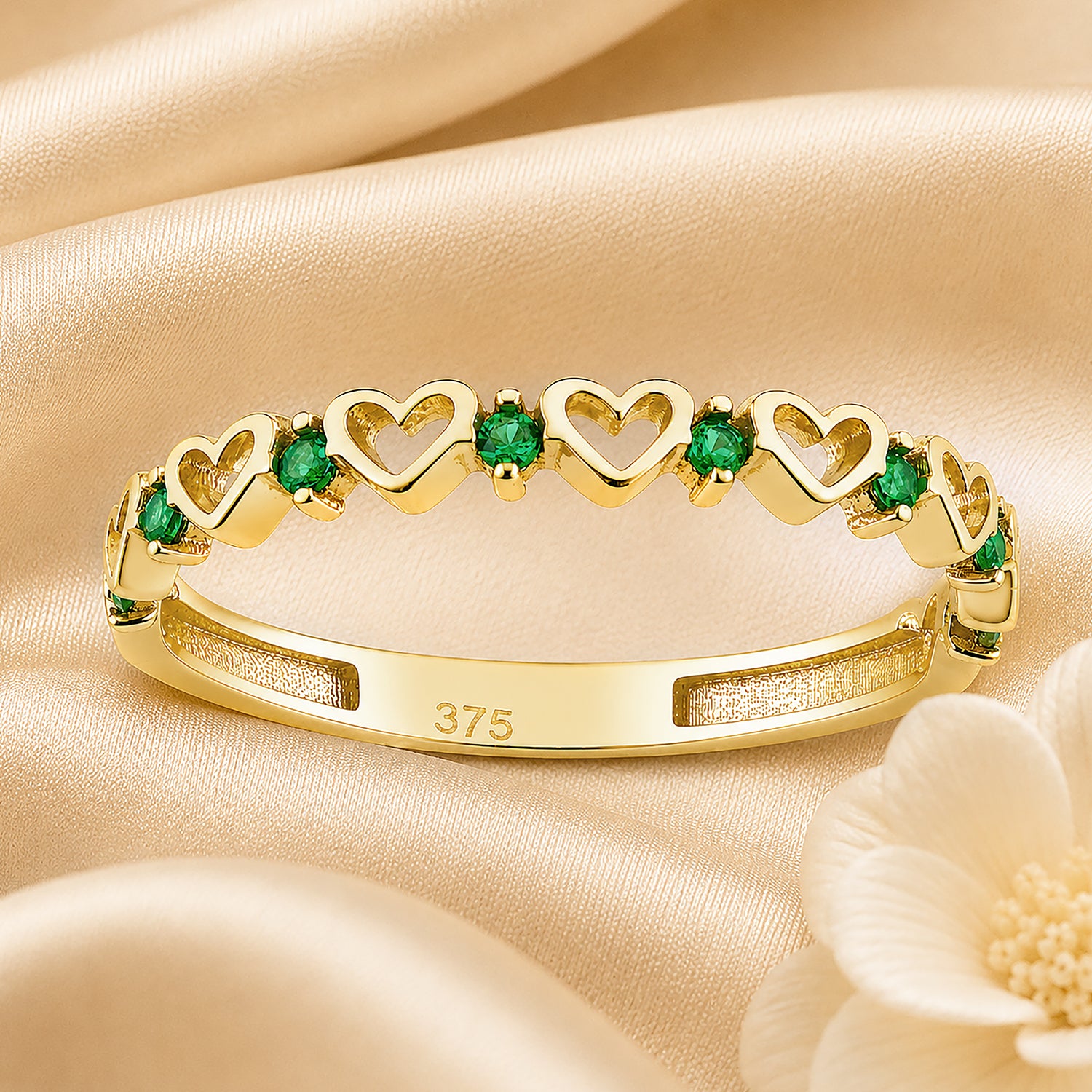 9ct Yellow Gold CZ Emerald Heart Eternity Ring