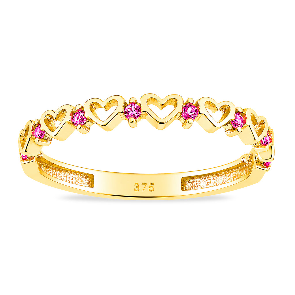 9ct Yellow Gold CZ Ruby Heart Eternity Ring