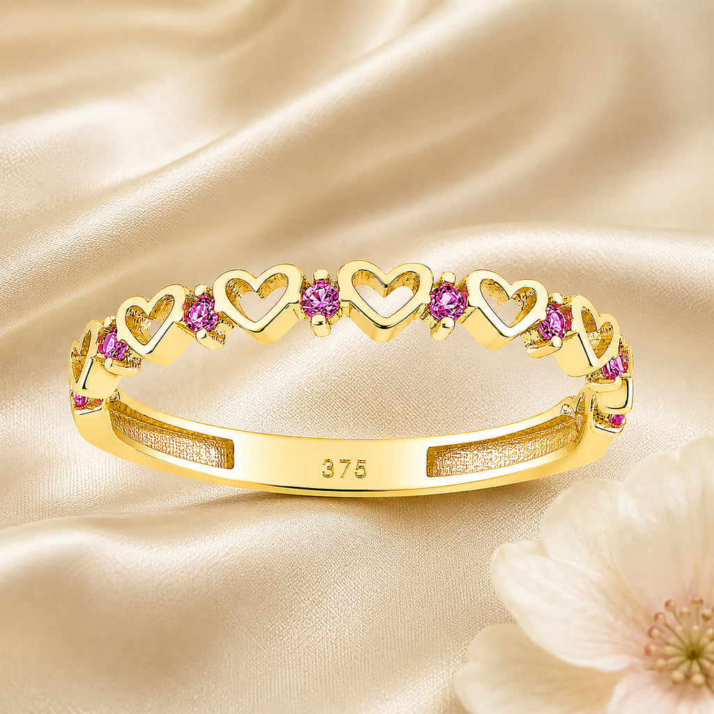 9ct Yellow Gold CZ Ruby Heart Eternity Ring