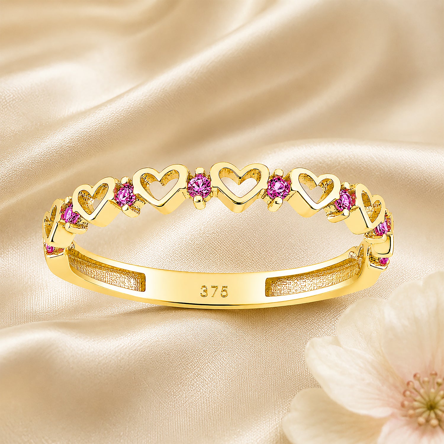 9ct Yellow Gold CZ Ruby Heart Eternity Ring